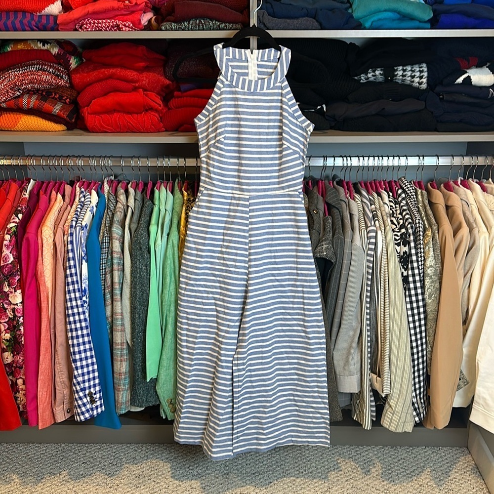 Unbranded blue/white stripes sleeveless back tie/zipper cropped jumpsuit size S